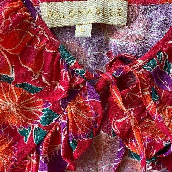Paloma Blue Ali Floral Print Crepe Silk Blend Tie Up Ruffled Crop Top Size Large - Picture 4 of 7